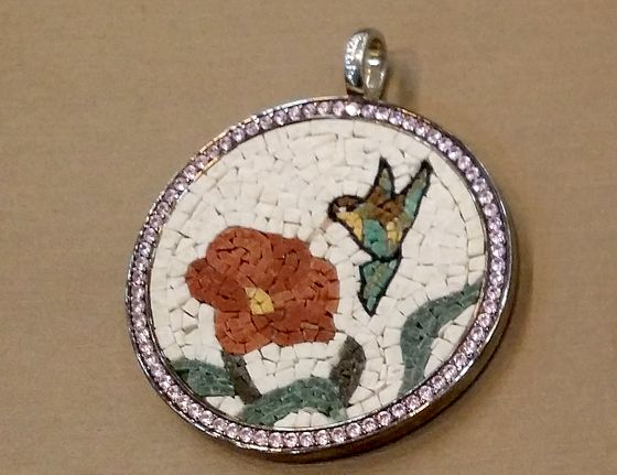 Mosaic pendant with a hummingbird and a flower