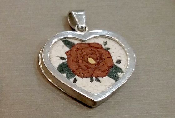 Heart-shaped mosaic pendant with a rose