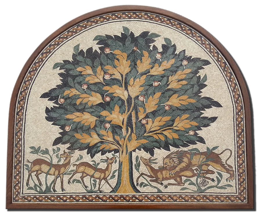 Arched Tree of Life mosaic with gazelles and a lion, a limited edition wall hanging