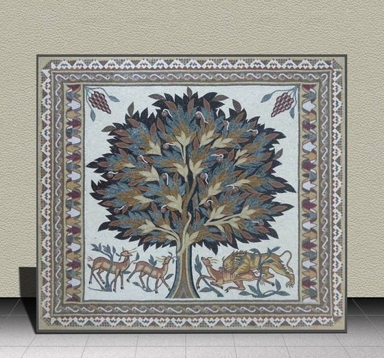 Tree of Life mosaic with gazelles and a lion