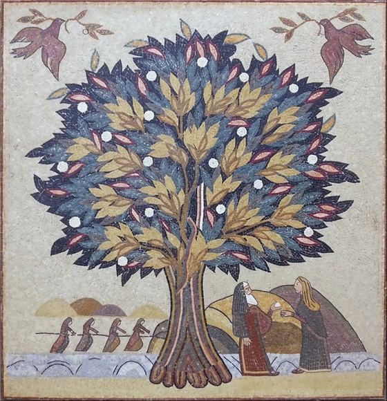 Mosaic of a fruit tree with birds