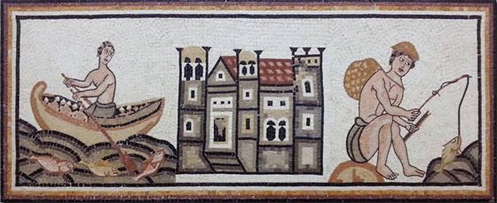 Mosaic frieze of a fisherman and a walled city