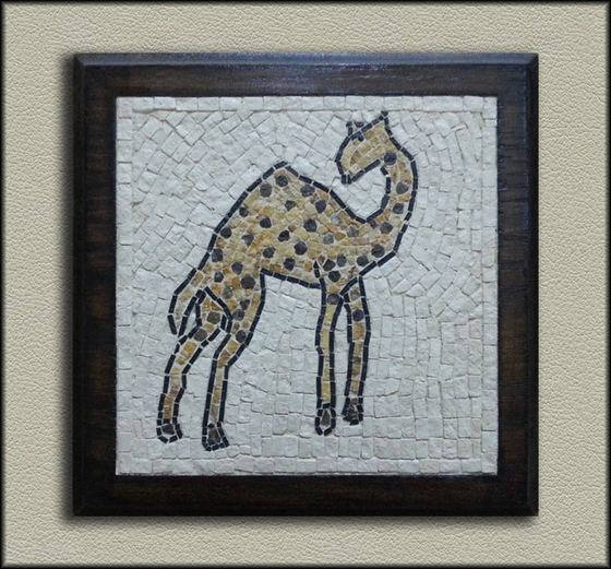 Framed mosaic of a spotted camel