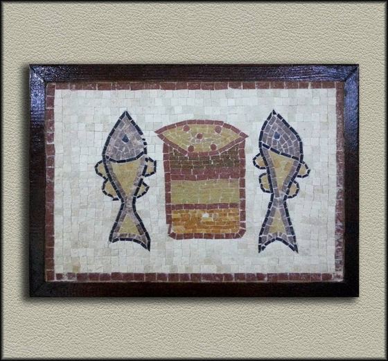 Framed mosaic of fish and a basket