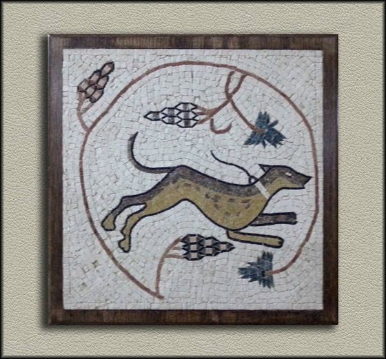 Framed mosaic of a running hound